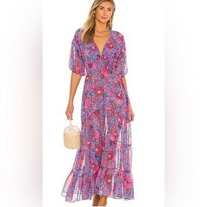 Misa Los Angeles Pippa Dress Chiffon Maxi V Neck Front And Back Blue Magenta S